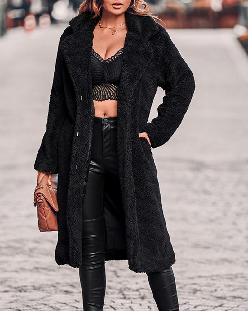 

Long Sleeve Notched Collar Teddy Overcoat, Black