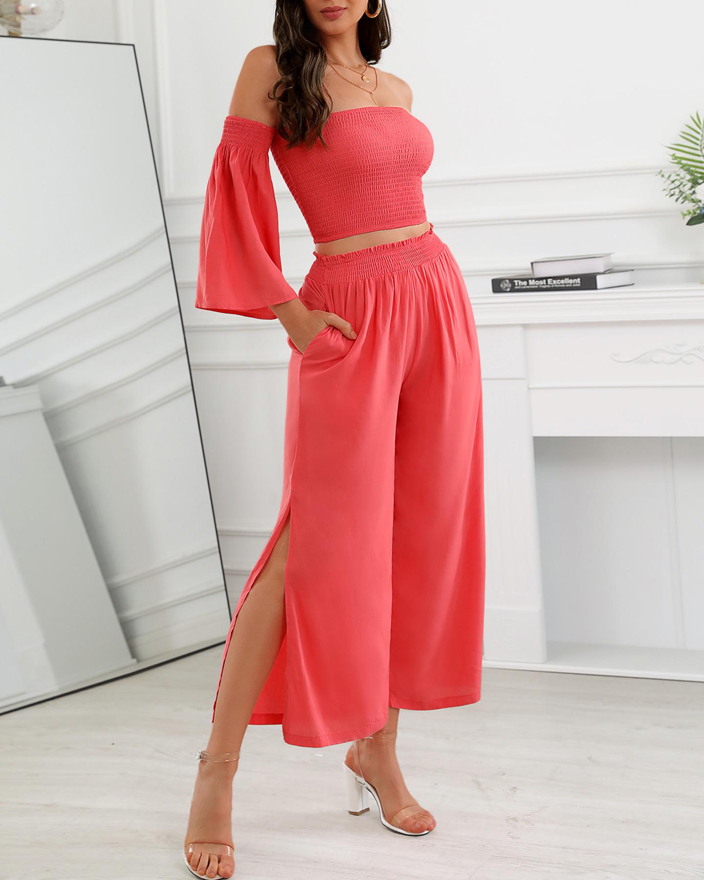 

Off Shoulder Shirred Long Sleeve Top & Pants Set, Hot pink