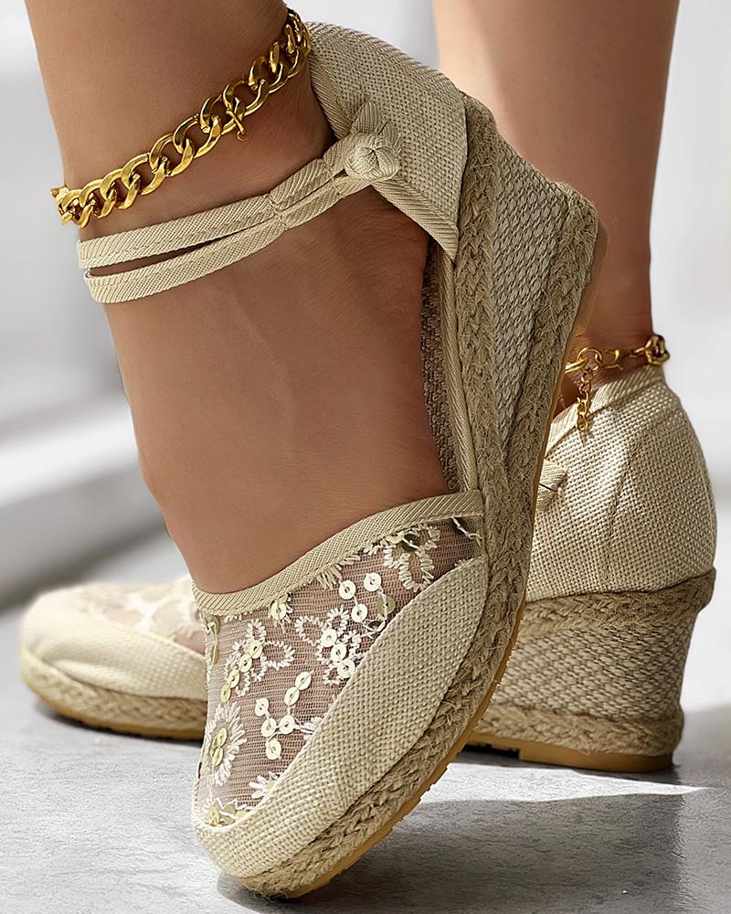 

Embroidery Braided Espadrille Ankle Strap Wedge Sandals, Beige