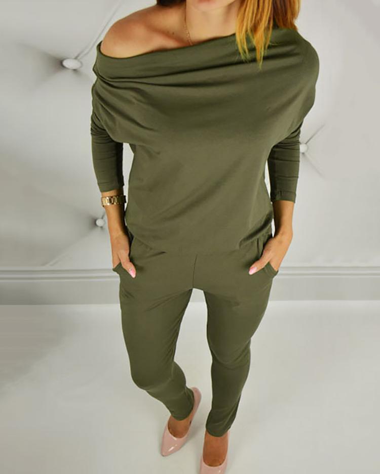 

Off Shoulder Bat-Wing Sleeve Jumpsuits, Green