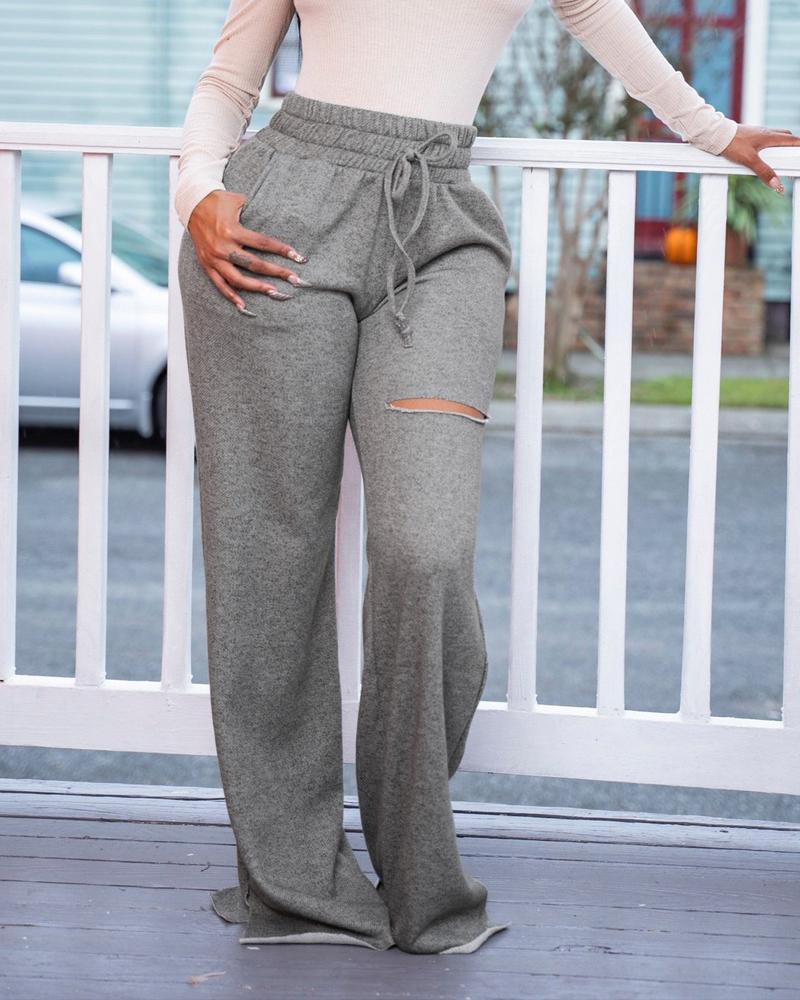

Cutout Split Hem Straight Leg Pants, Gray