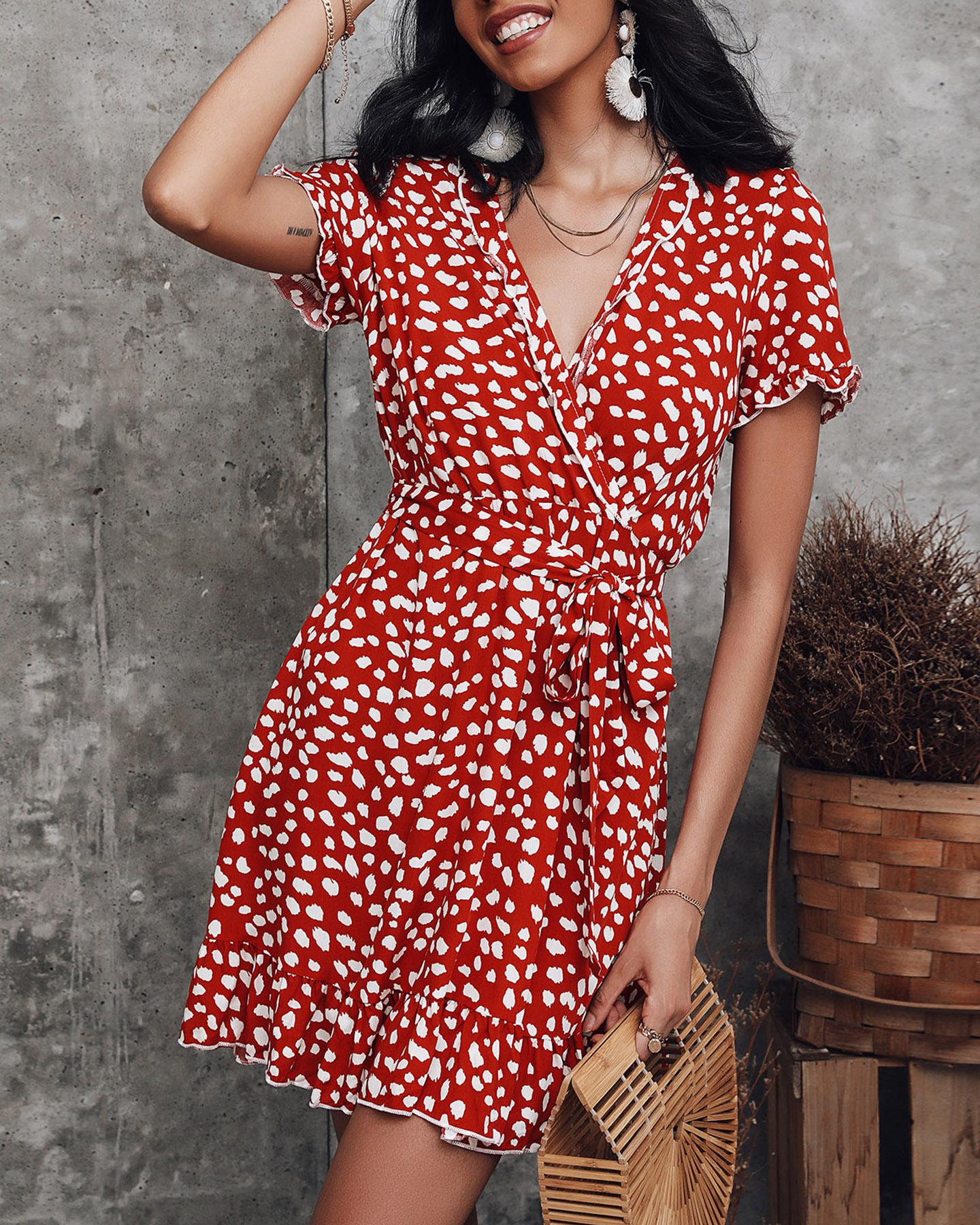 

V Neck Ruffle Trim Mini Dress, Red