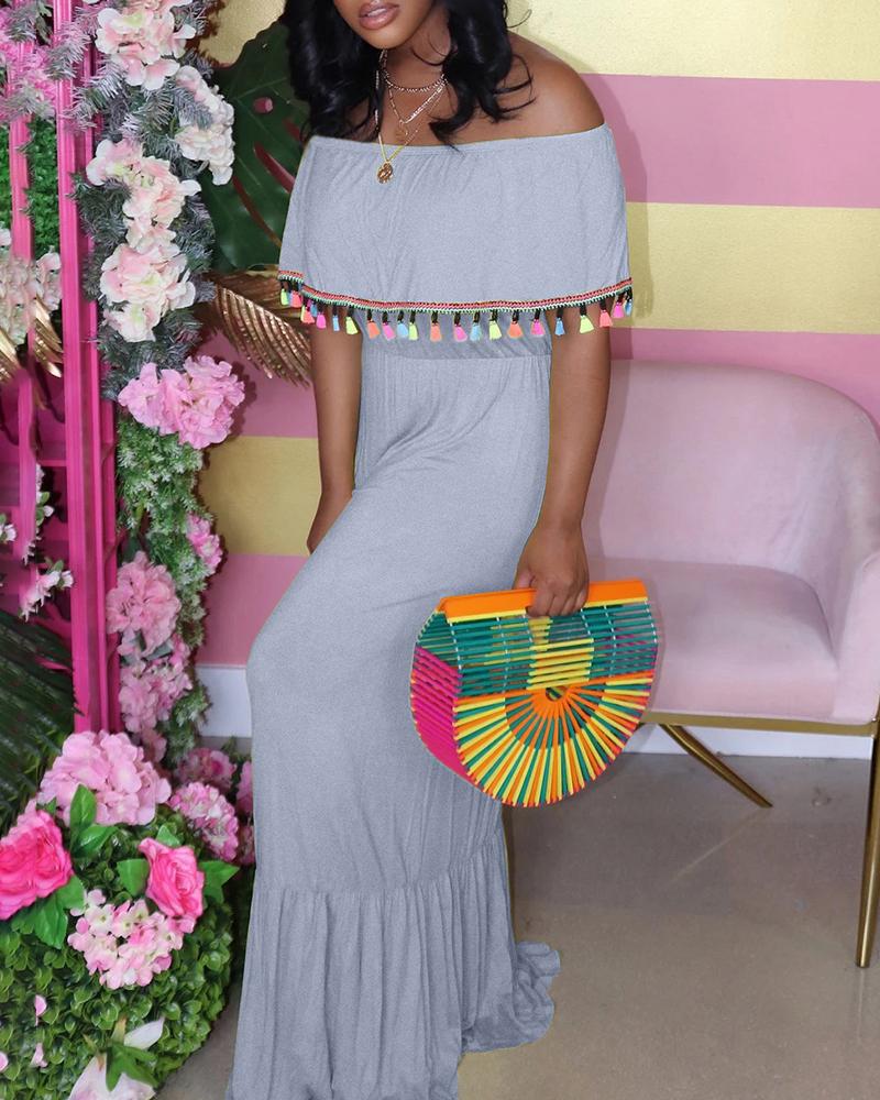 

Off Shoulder Ruched Tassel Design Colorblock Maxi Dress, Gray