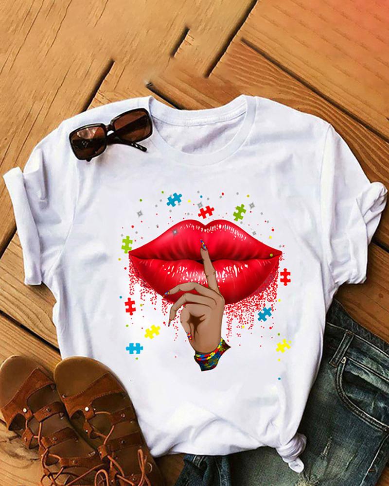 

Short Sleeve Lip Print Casual T-shirt, Style1
