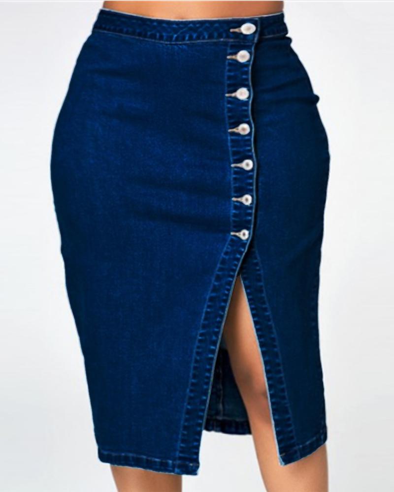 

Button Fly Split Hem Denim Skirt, Dark blue