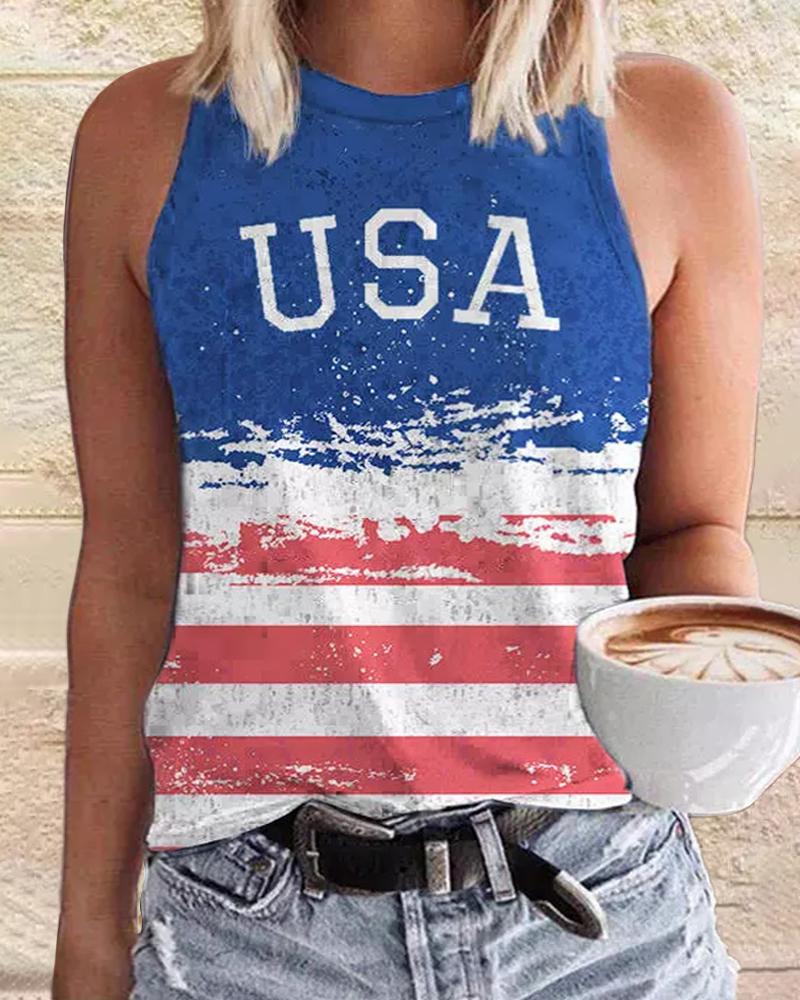 

Plus Size Independence Day USA Flag Print Casual Tank Top, White