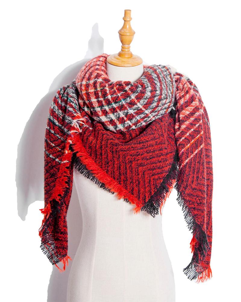 

1pc Fringe Trim Plaid Warm Triangle Scarf Wrap Shawl, Style7