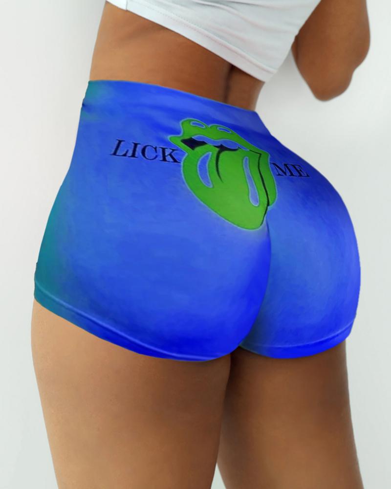 

Lip Letter Print High Waist Casual Shorts, Dark blue