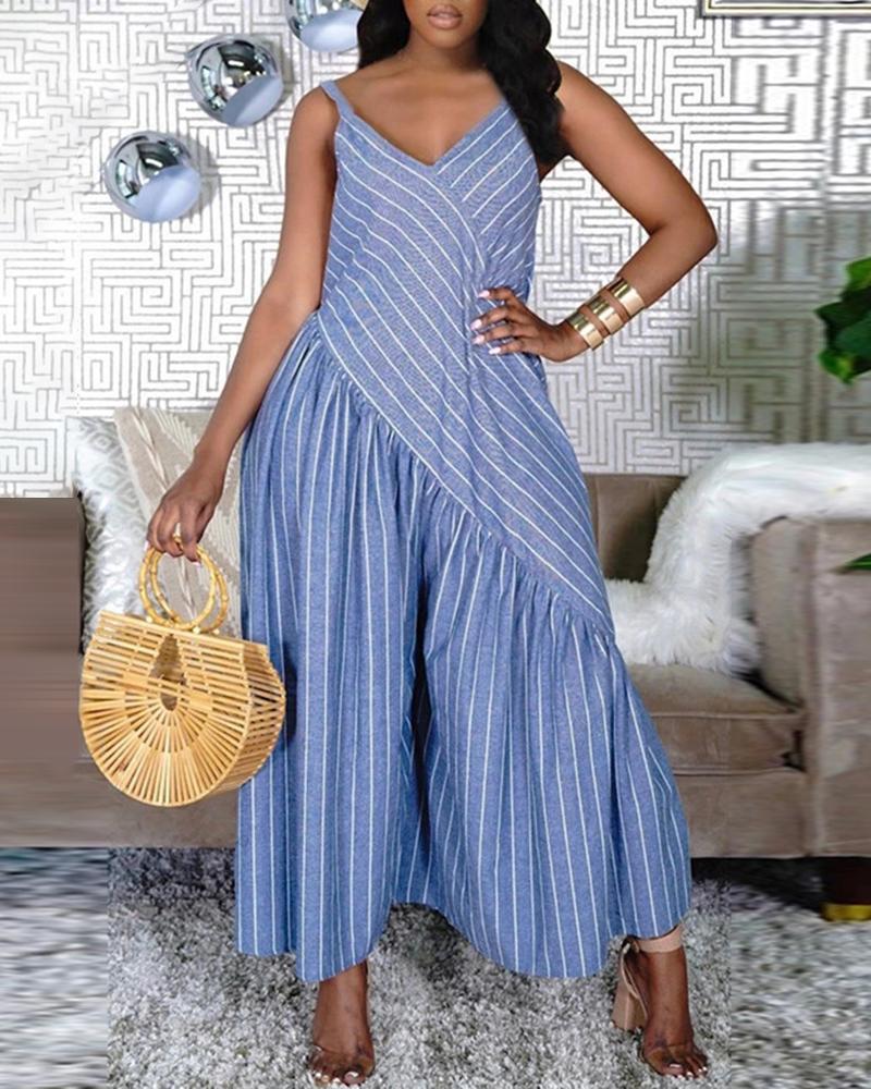 

Striped Colorblock Sleeveless Wide Leg Jumpsuit, Blue