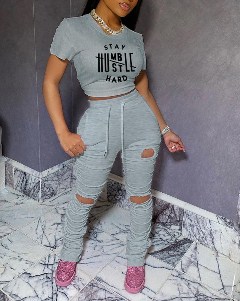 

Stay Humble Hustle Hard Print Crop Top & Cutout Ruched Pants Set, Gray