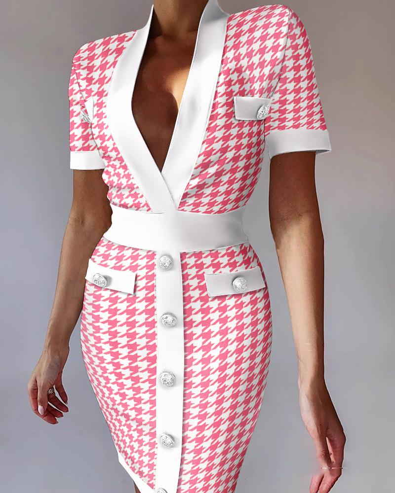 

Houndstooth Deep V Neck Tweed Bodycon Dress, Pink