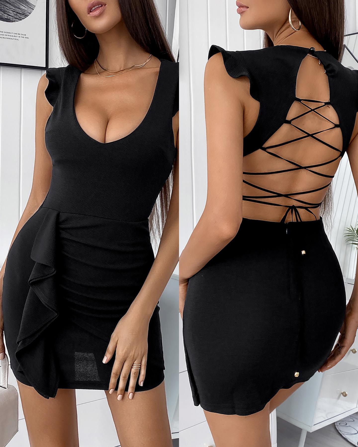 

Flutter Sleeve Ruffles Lace-up Ruched Dress, Black