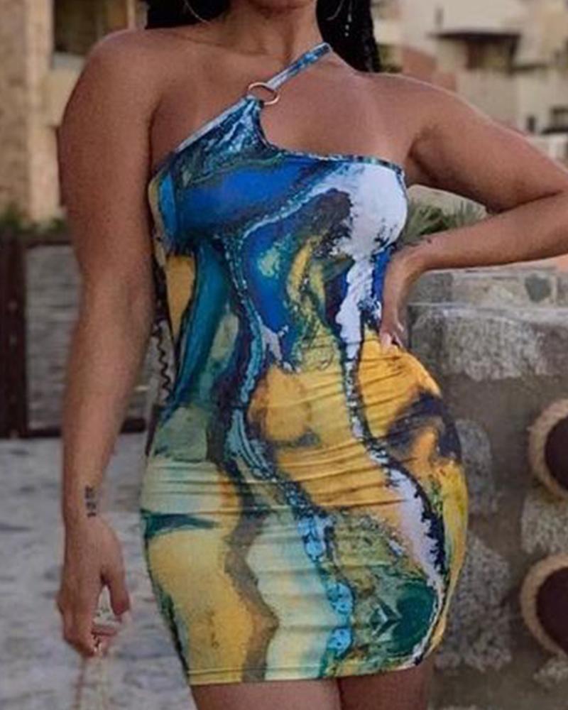 

Abstract Print Asymmetrical Neck O-Ring Bodycon Dress, Multicolor