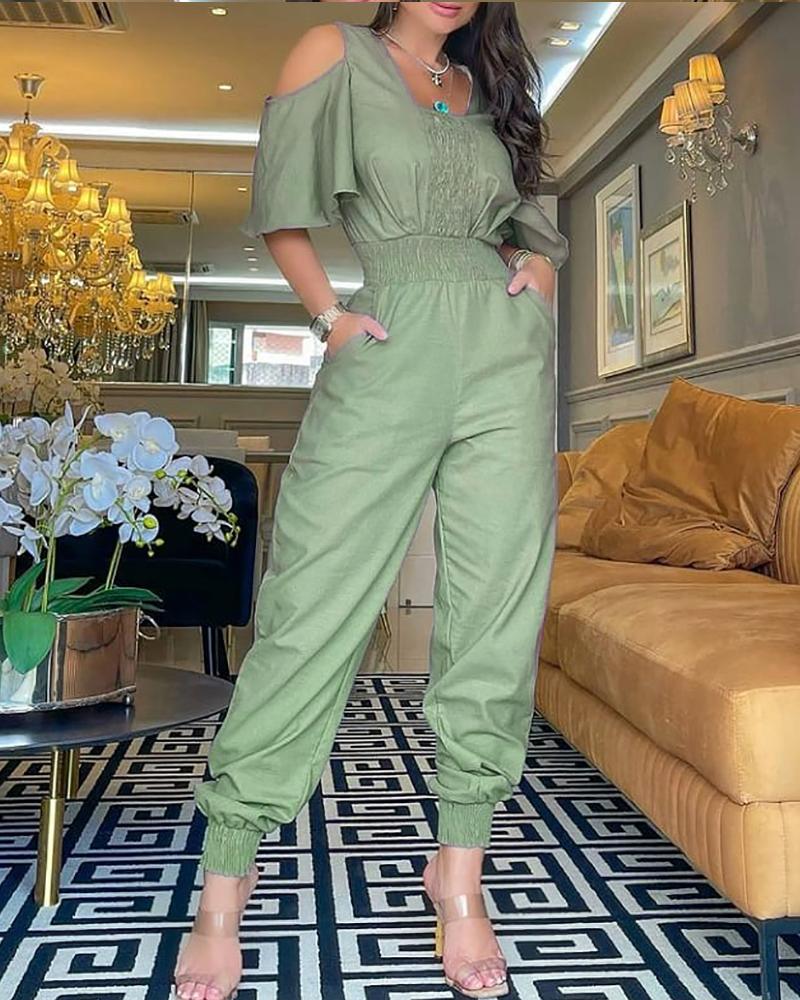 

Cold Shoulder Shirring Waist Ruffles Jumpsuit, Army green