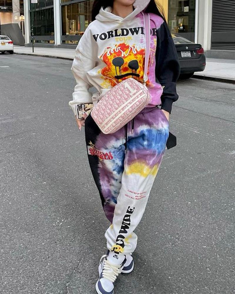 

Velvet Tie Dye Graphic Print Hoodie & Pants Set, White
