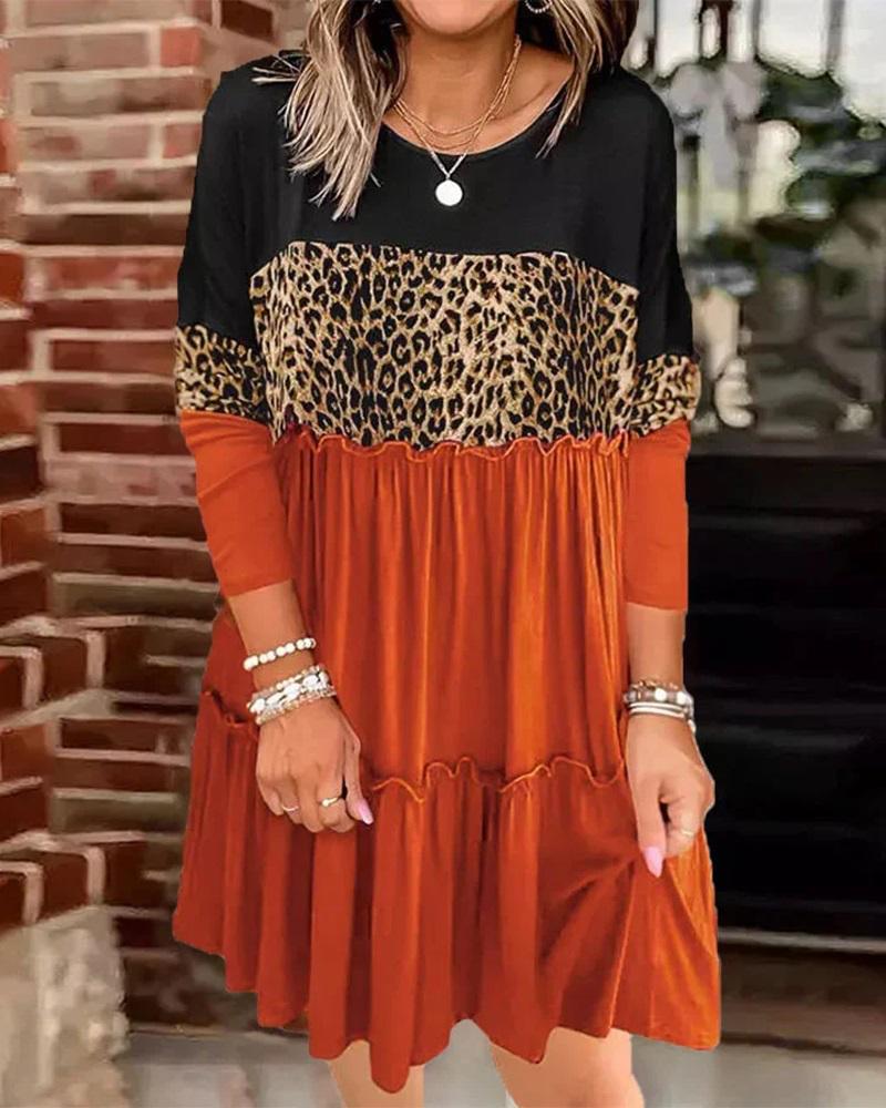 

Contrast Leopard Colorblock Ruffle Hem Long Sleeve Dress, Orange