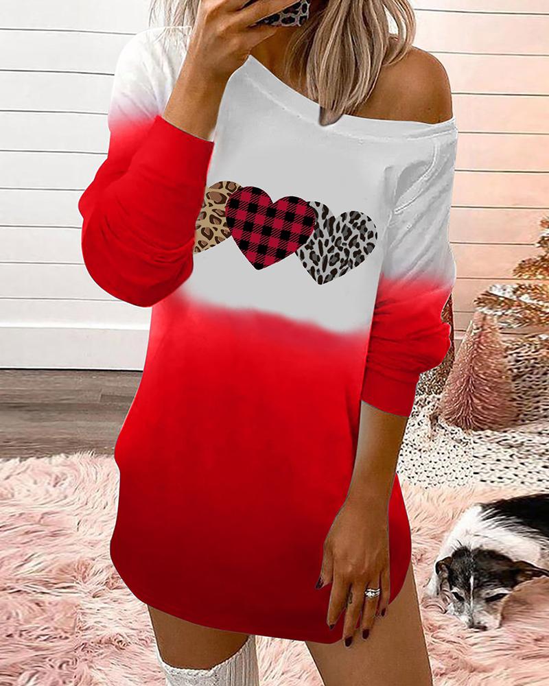 

Valentine' Day Plaid Cheetah Heart Print Colorblock Long Sleeve Top, Red