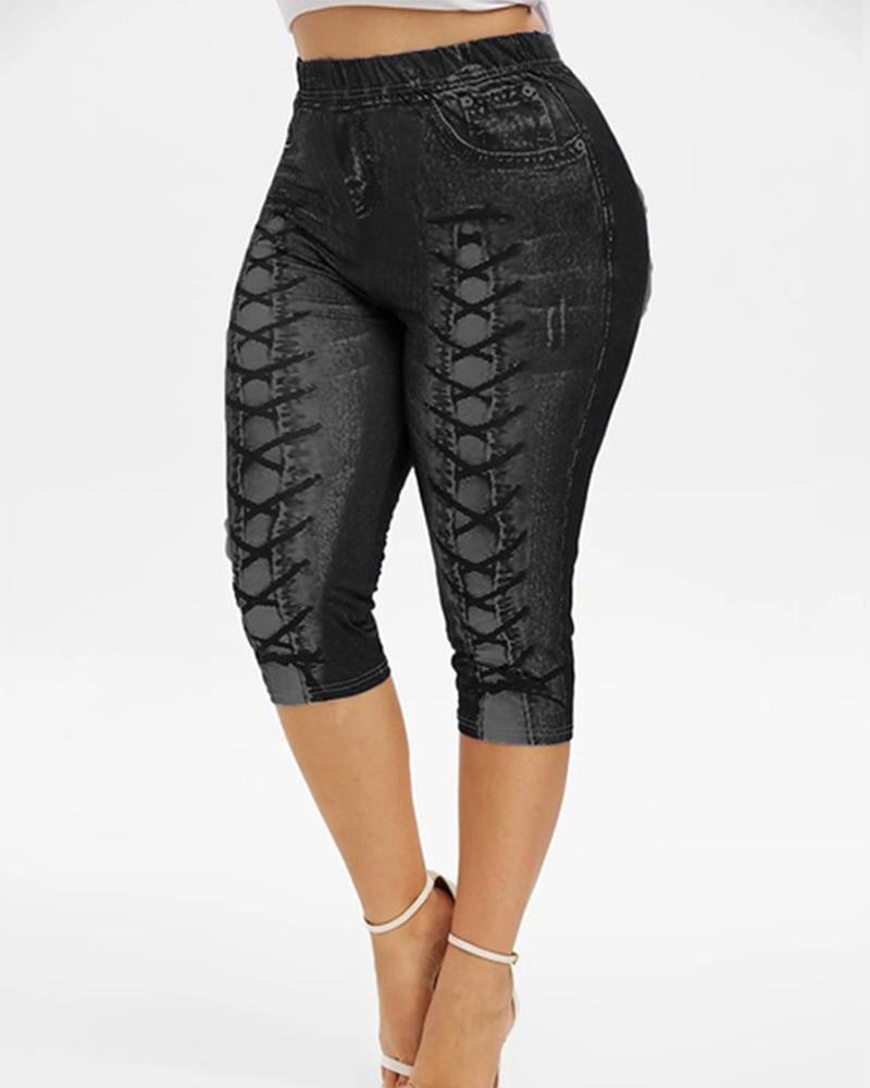

Women's Faux Denim Printed Skinny Shorts, Black