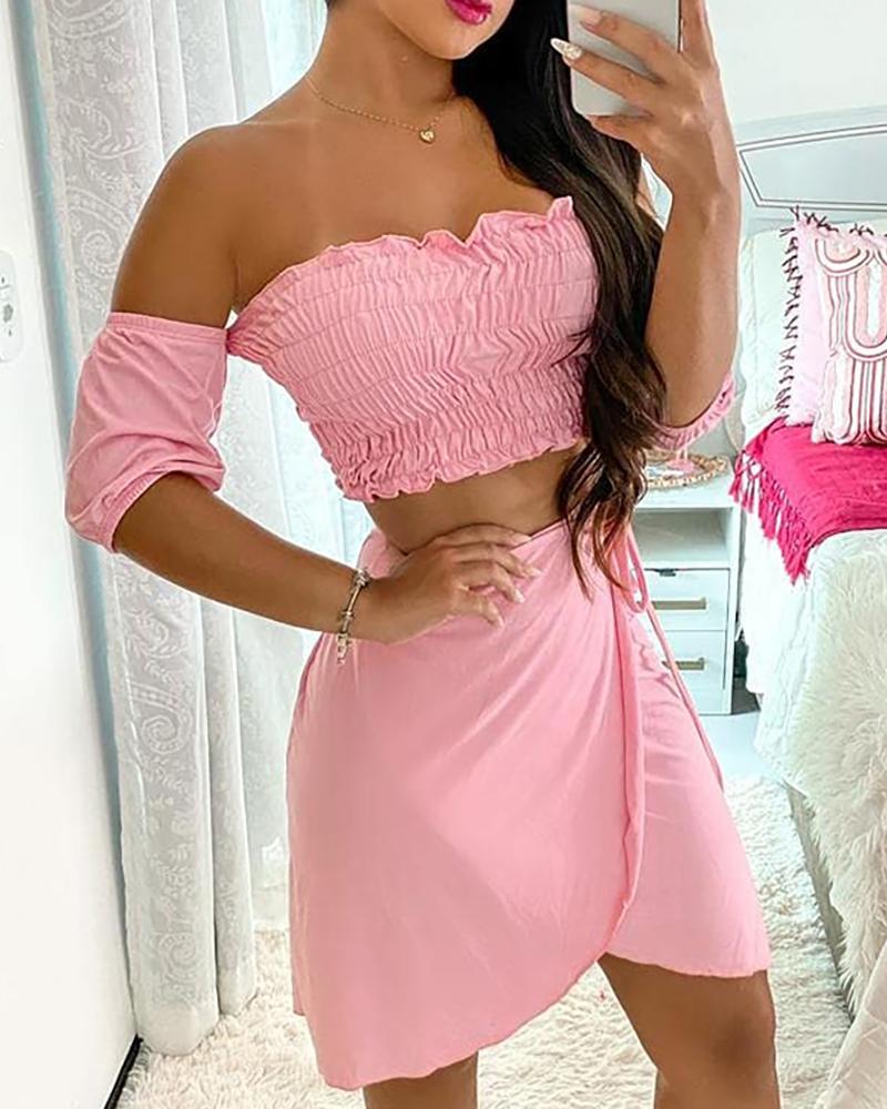 

Shirred Off Shoulder Top & Tied Detail Skirt Set, Pink