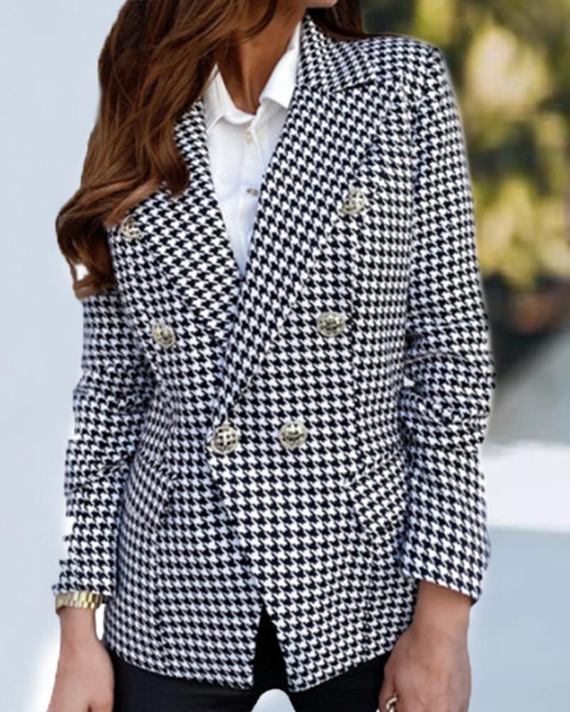 

Houndstooth Double Breasted Long Sleeve Blazer Coat, Black