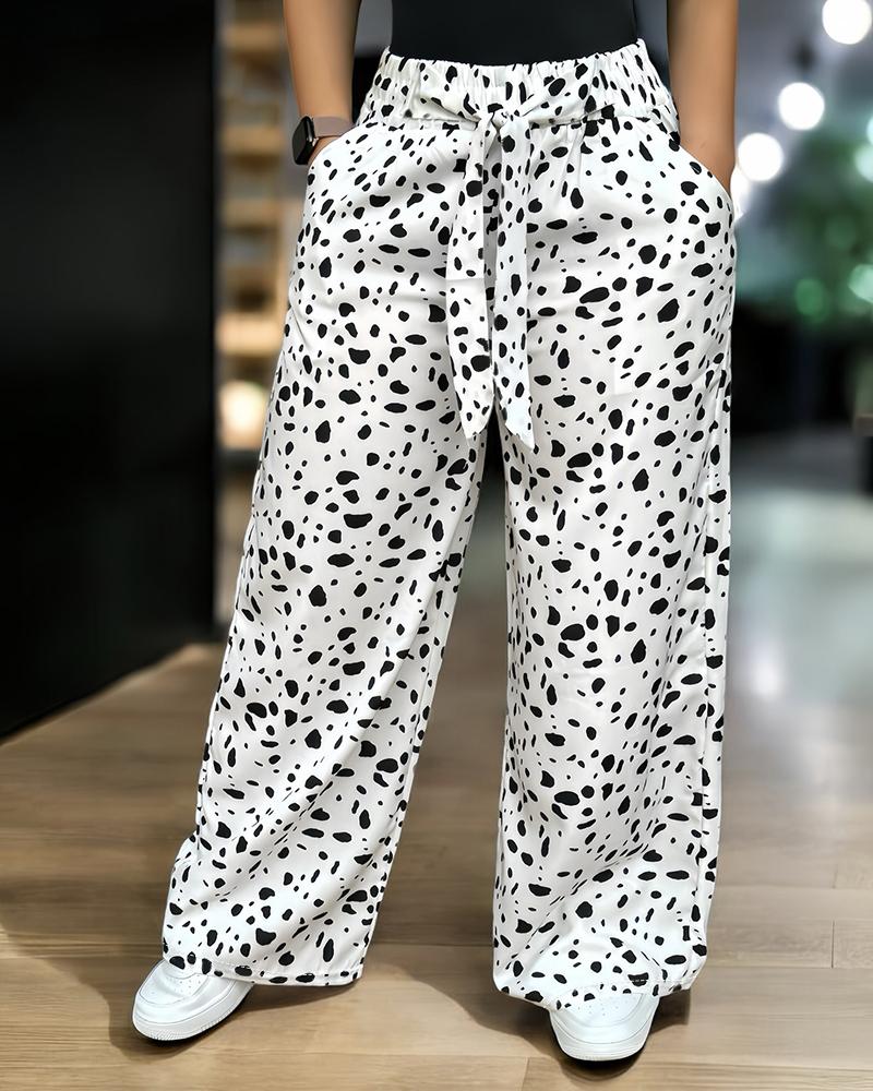 

Leopard Pattern Tied Detail Drawstring Wide Leg Pants Casual Pants, White