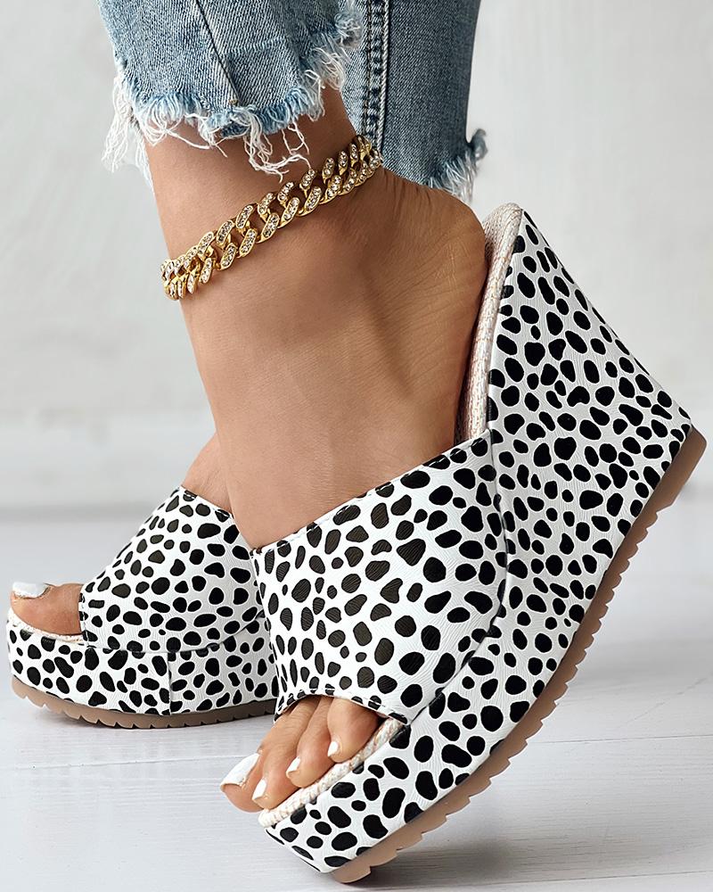 

Leopard Wide Strap Wedge Slippers, Blackwhite