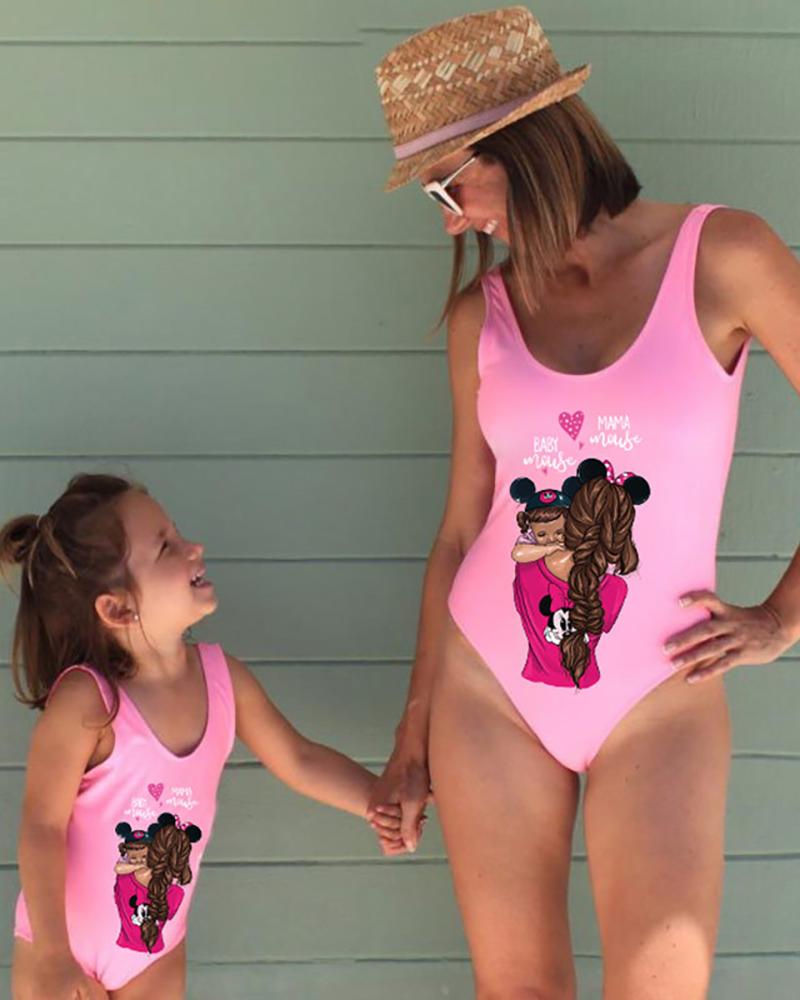 

Mommy & me Letter Figure Print U-Neck One Piece Swimsuit For Mom, Pink