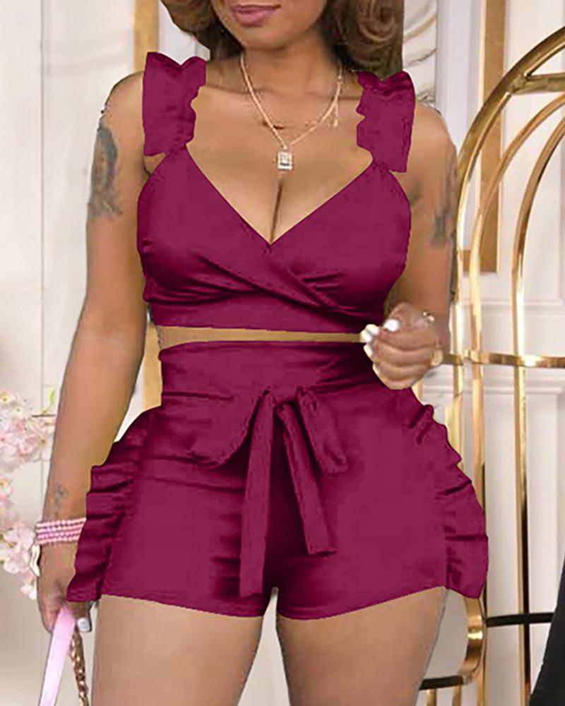 

Frill Hem Wrap Top & High Waisted Shorts Set, Purple