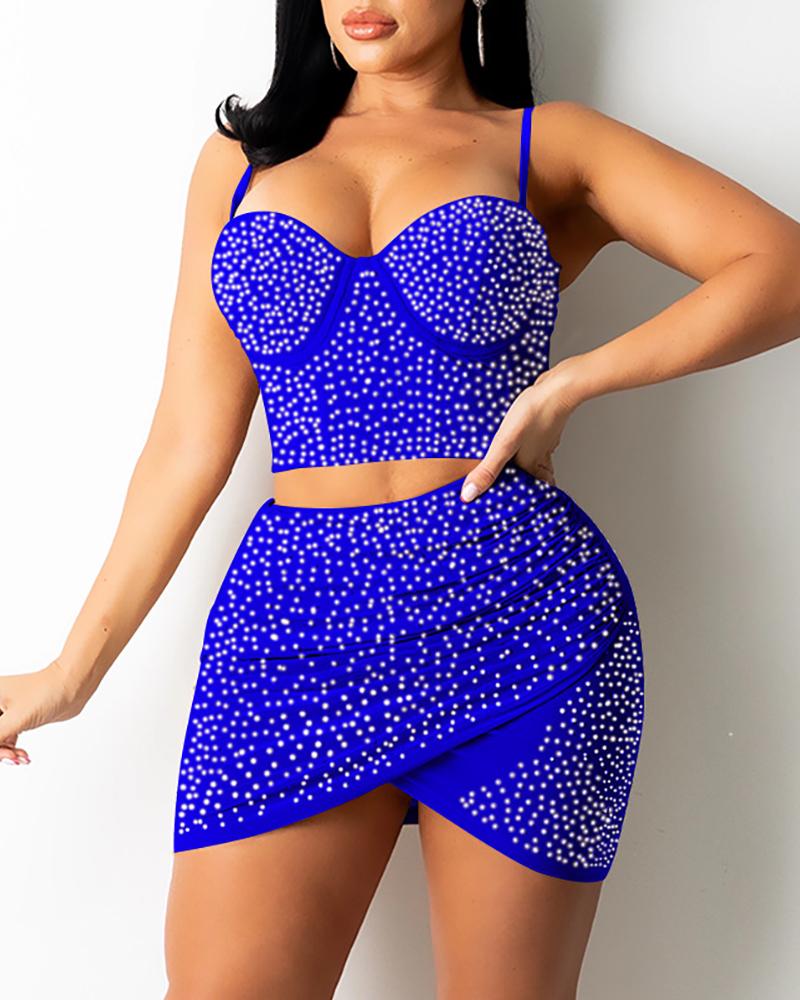 

Studded Sleeveless Corset Crop Top & Skirt Set, Blue