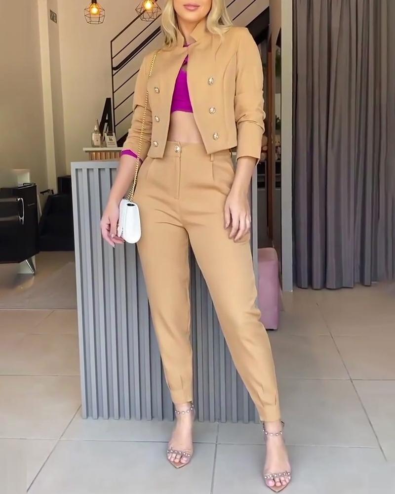 

Long Sleeve Double Breasted Blazer & Pants Set, Khaki