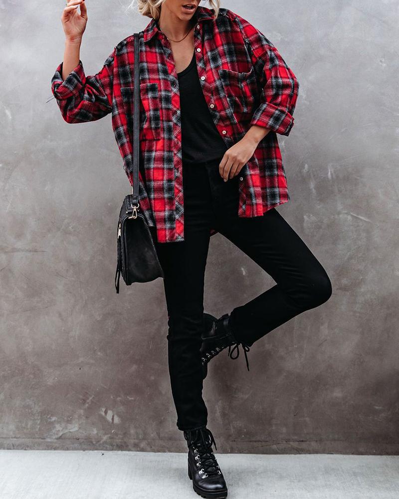 

Buttoned Pocket Design Plaid Print Shacket, Red