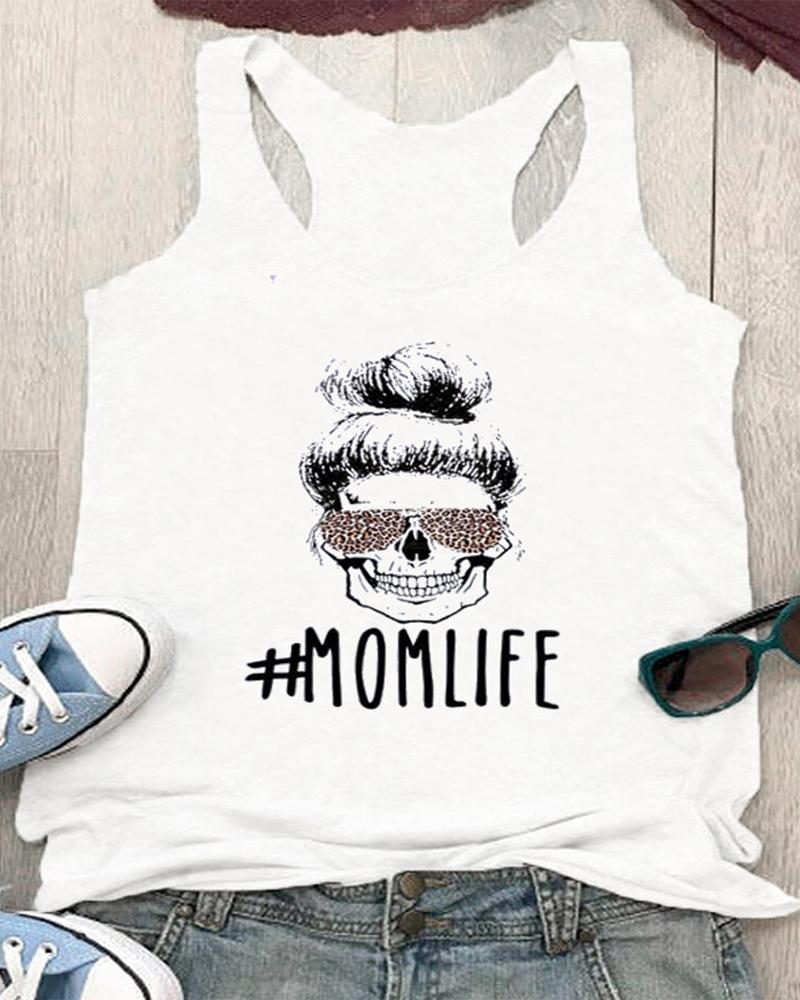 

Skull Letter Print Round Neck Tank Top, White