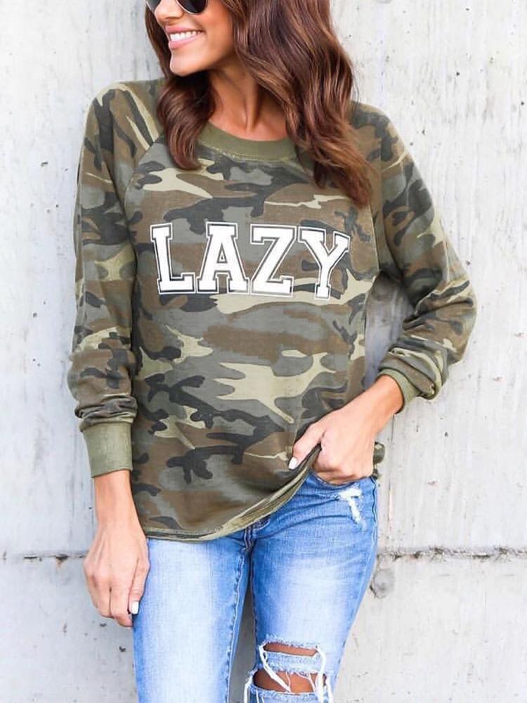 

Camouflage Letter Print Long Sleeve Casual Sweatshirt, Army green