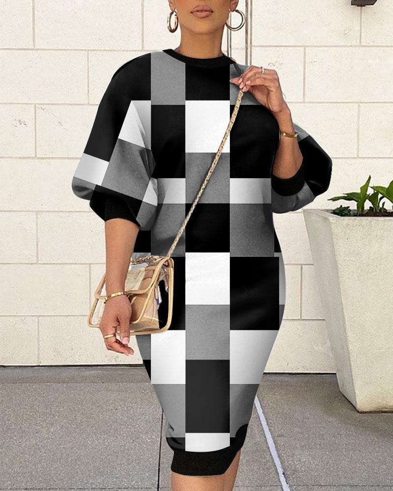 Vestido casual de manga farol con estampado geométrico