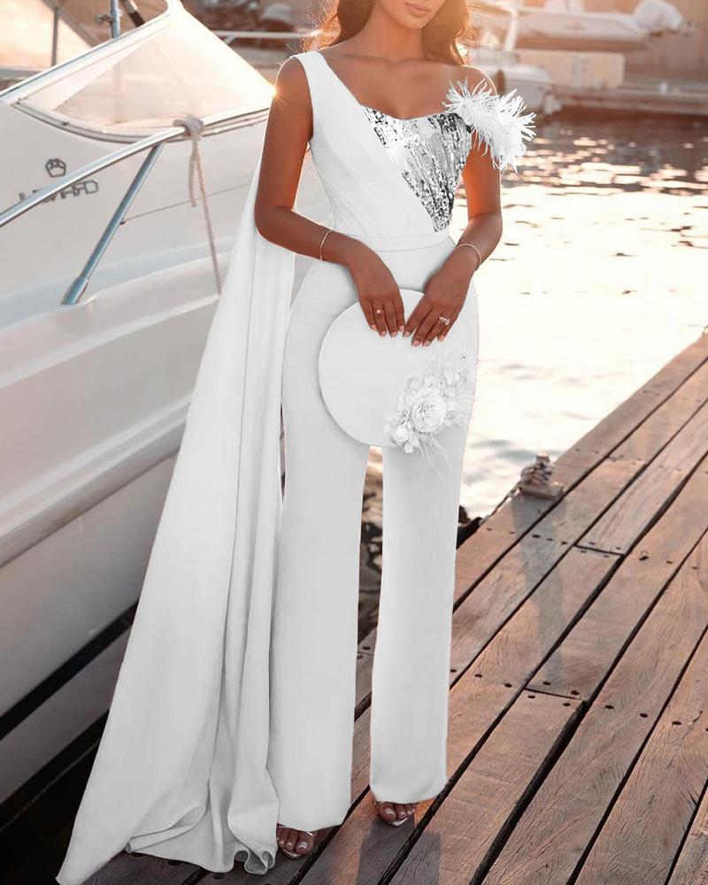 

Feather Detail Extra-Long Sleeve Sequins Patch Jumpsuit, White