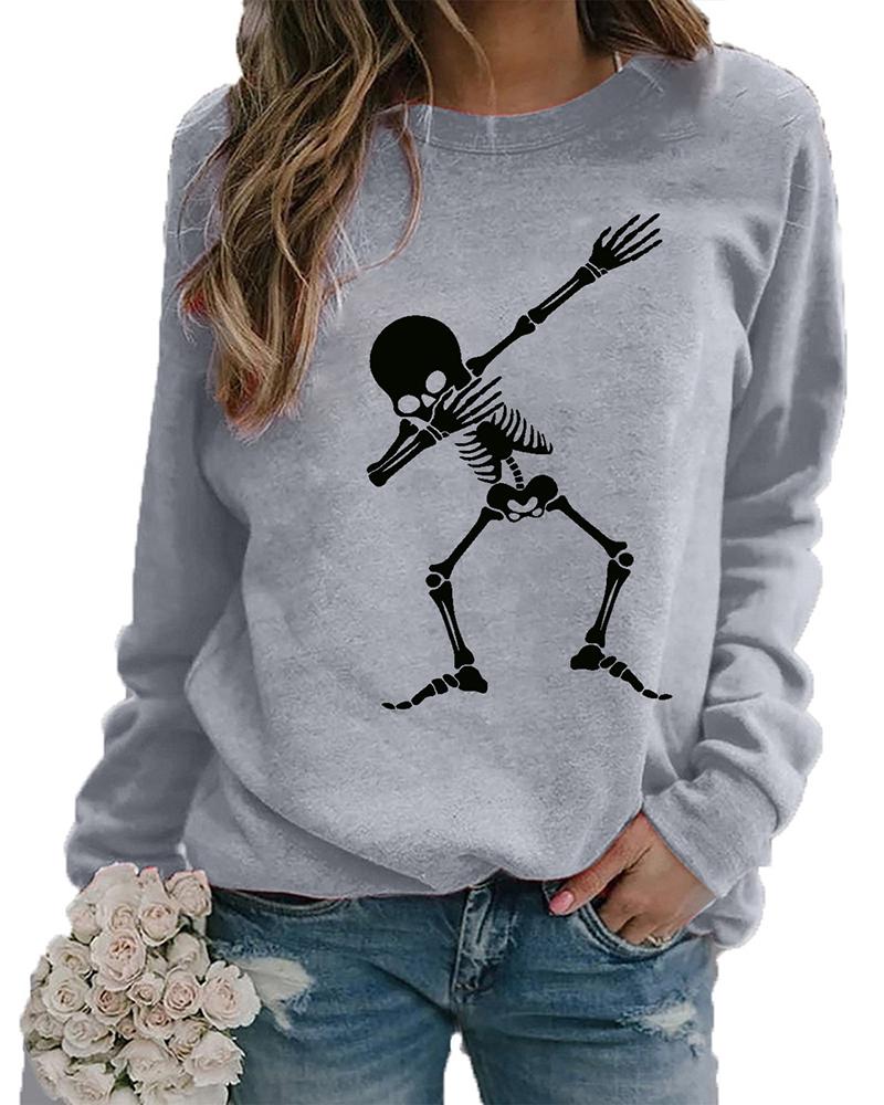 

Halloween Skeleton Print Long Sleeve Top, Gray