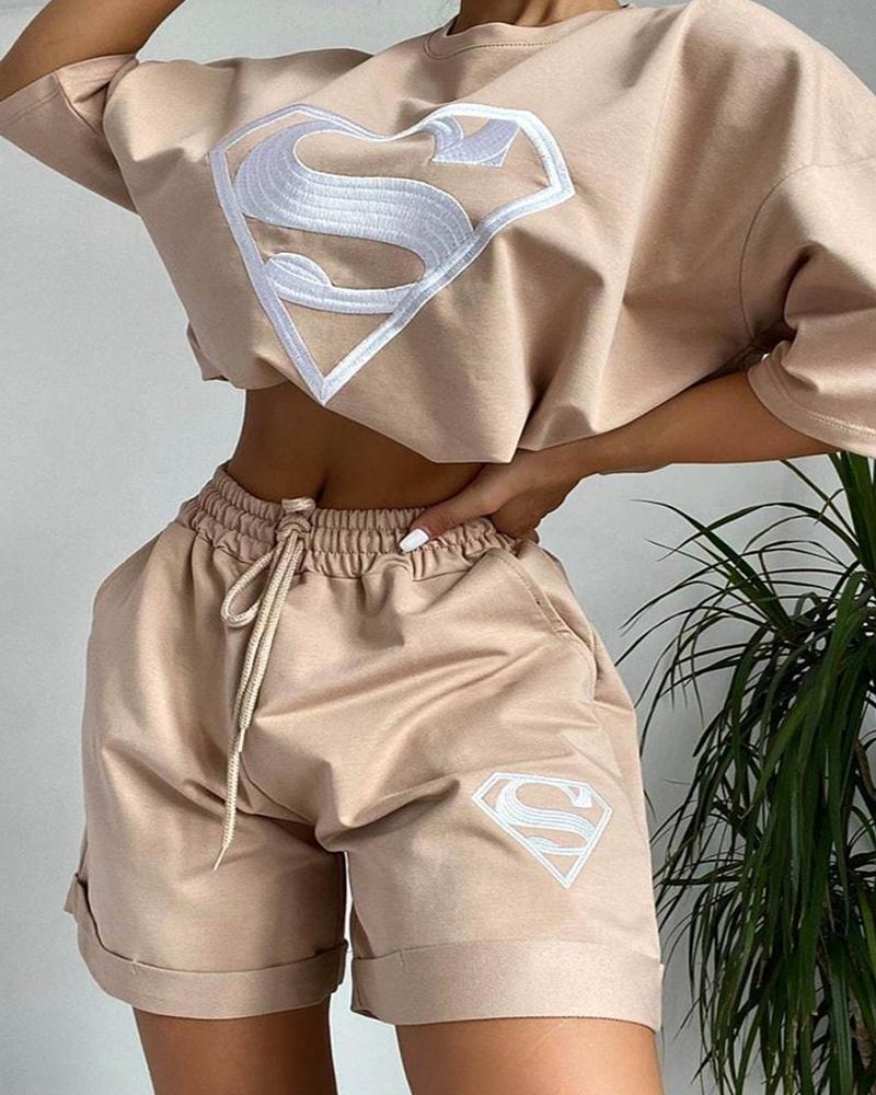 

Superman Pattern Embroidery Top & Drawstring Shorts Set, Khaki