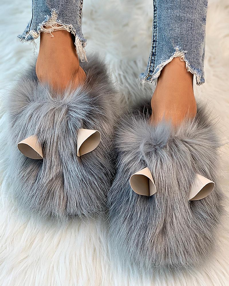 

3D Ear Design Fluffy Slippers, Gray