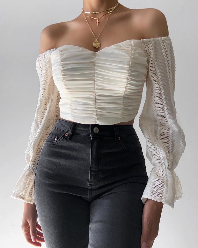 

Plain Lantern Sleeve Ruched Lace Blouse, Beige