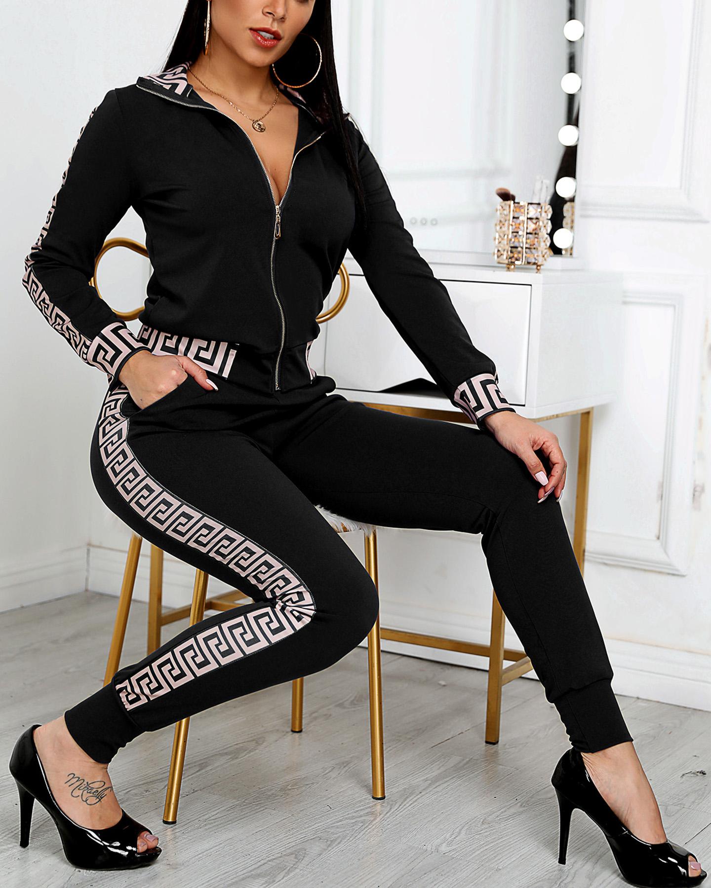 

Greek Fret Print Coat & Pant Sets, Black