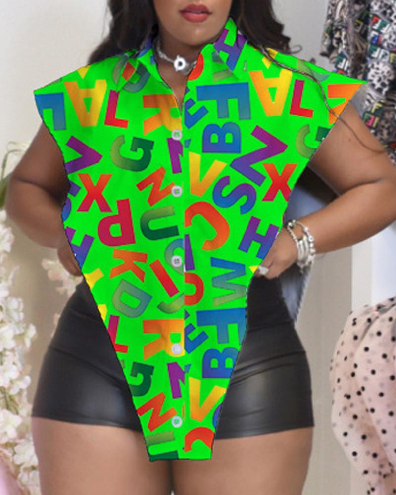 

Plus Size Letter Print Split Hem Button Down Shirt, Green