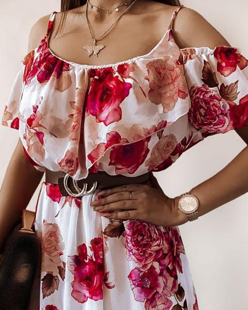 

Cold Shoulder Floral Print Ruched Dress, White