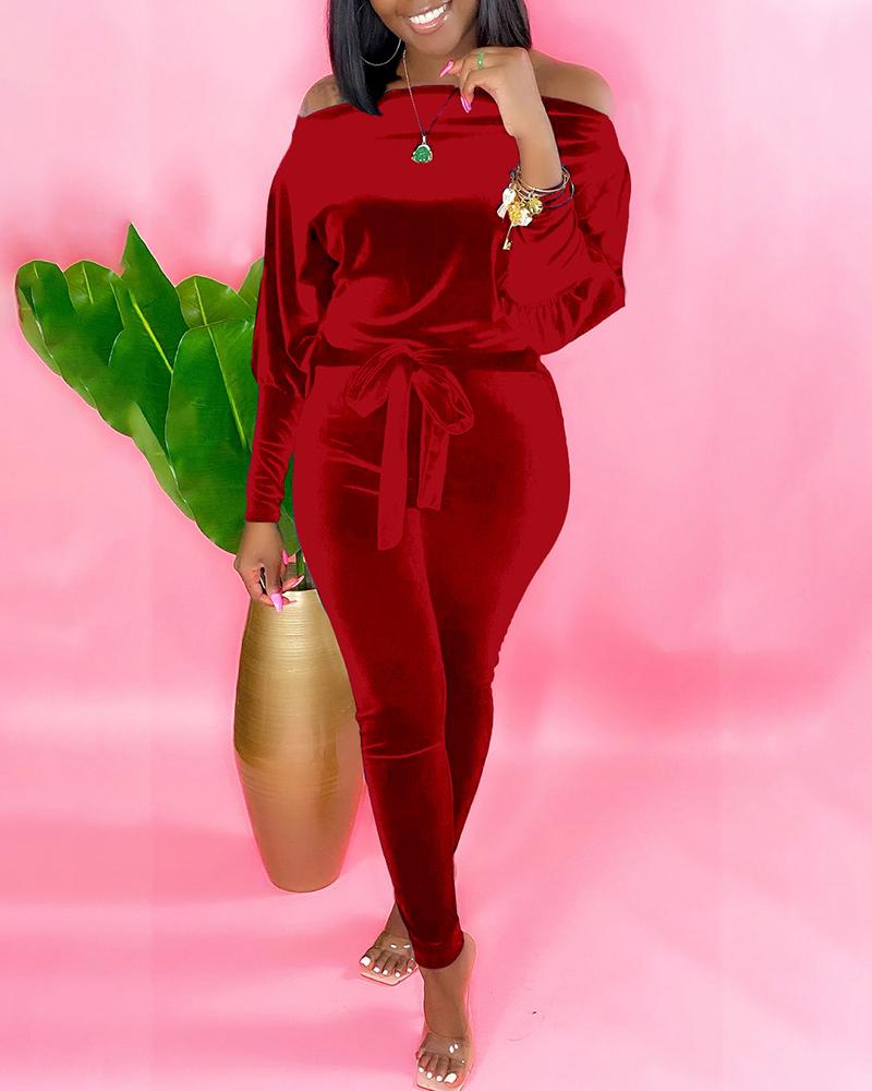 

Off Shoulder Velvet Long Sleeve Jumpsuit, Red