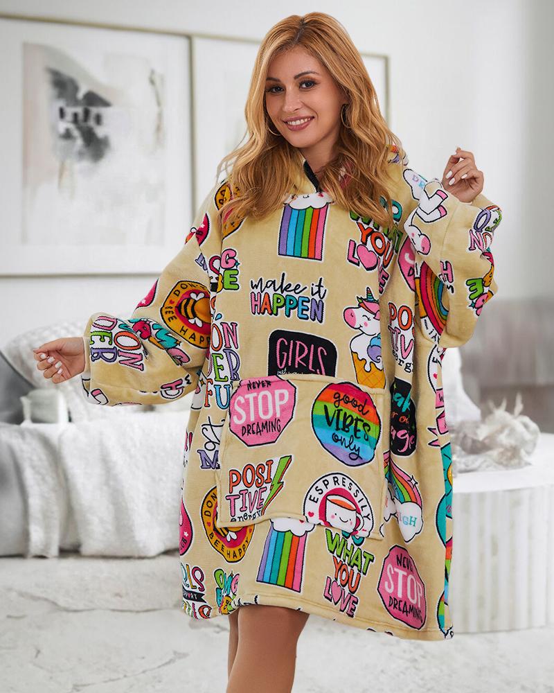 

Cartoon Food Graphic Print Blanket Hoodie, Yellow