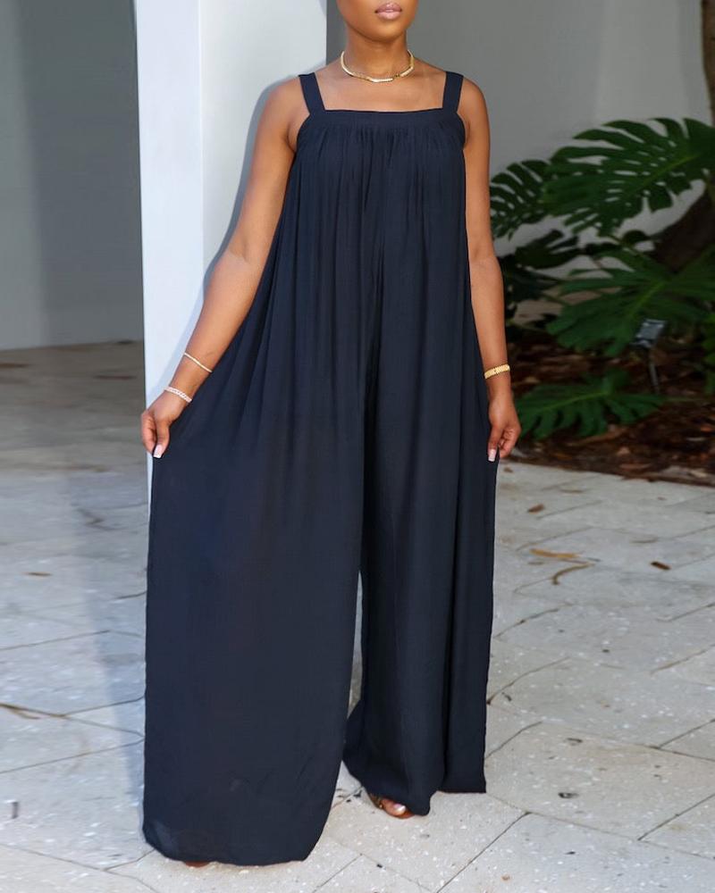 

Square Neck Wide Leg Sleeveless Jumpsuit, Black