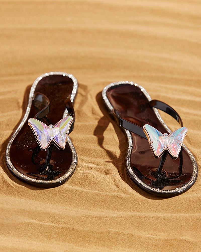 

Rhinestone Butterfly Studded Decor Flip Flops, Black