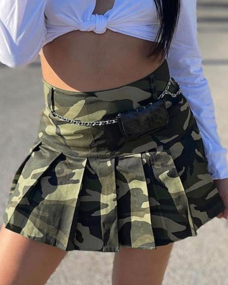 

Camouflage Print High Waist Pleated Skirt, Green