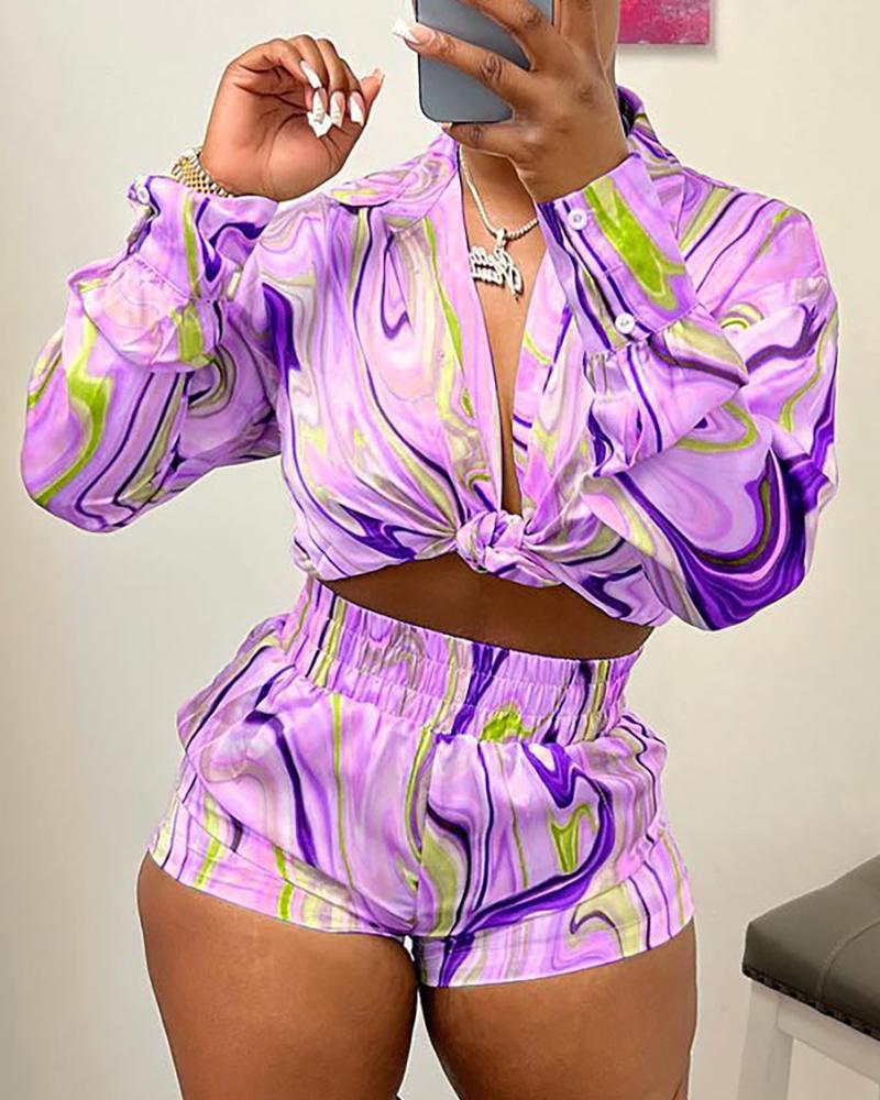 

Marble Print Knotted Top & Shorts Set, Purple