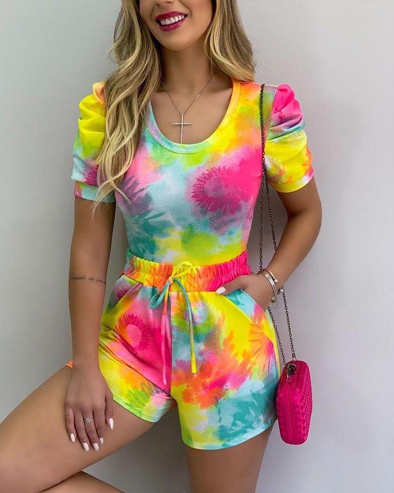 

Tie Dye Print Puff Sleeve Top & Drawstring Shorts Set, Multicolor