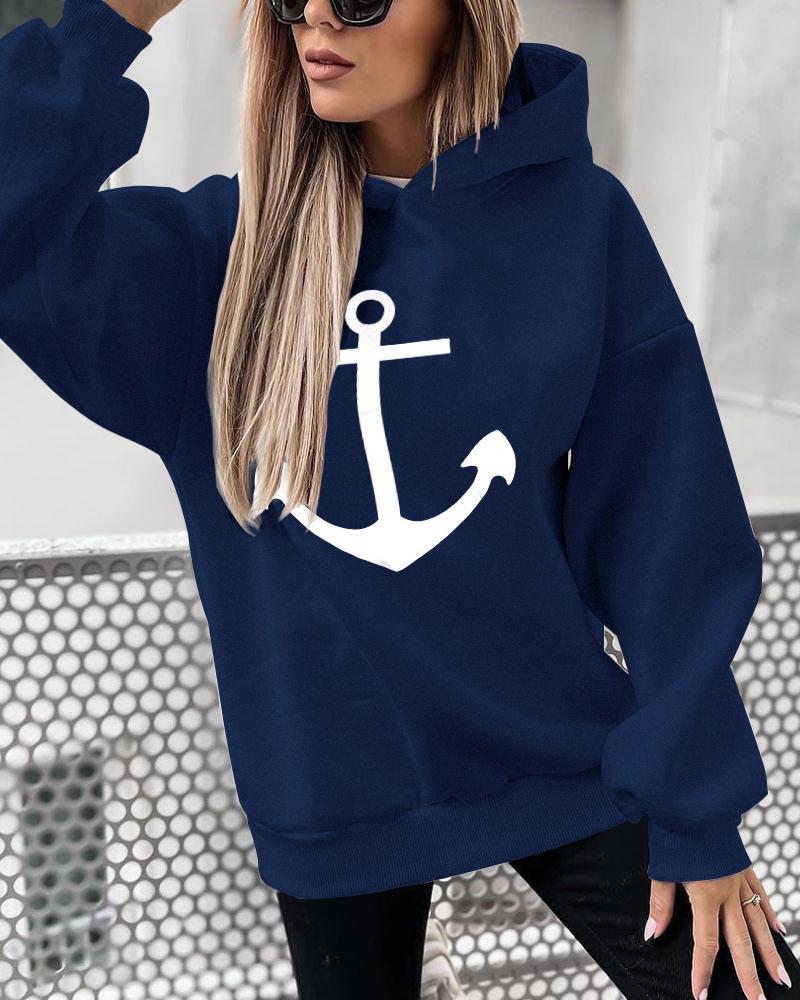 

Anchor Print Drop Shoulder Hoodie, Purplish blue